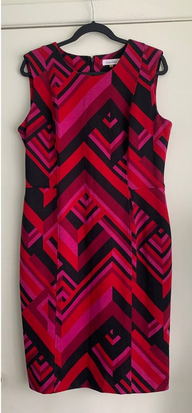 Calvin Klein Mod Geometric Graphic Print Sheath Dress Pink Red Black 12